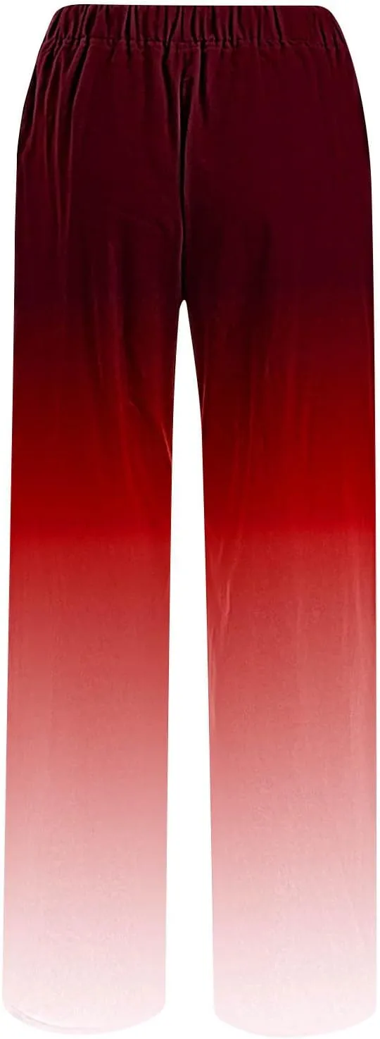DASAYO Linen Pants for Women Summer Drawstringg Elastic Waist Gradient Palazzo with Pockets Ladies Casual Wide Leg Trousers