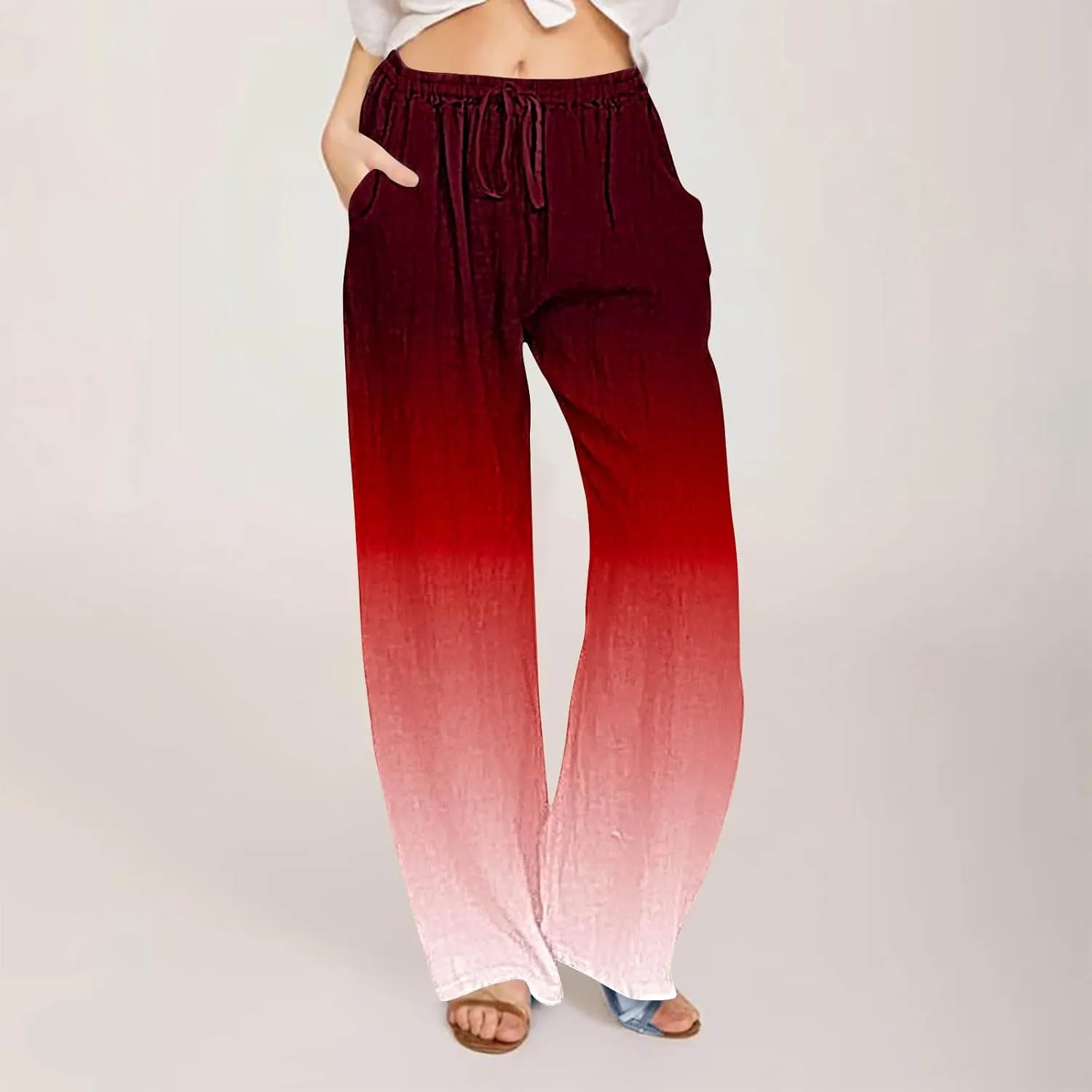 DASAYO Linen Pants for Women Summer Drawstringg Elastic Waist Gradient Palazzo with Pockets Ladies Casual Wide Leg Trousers