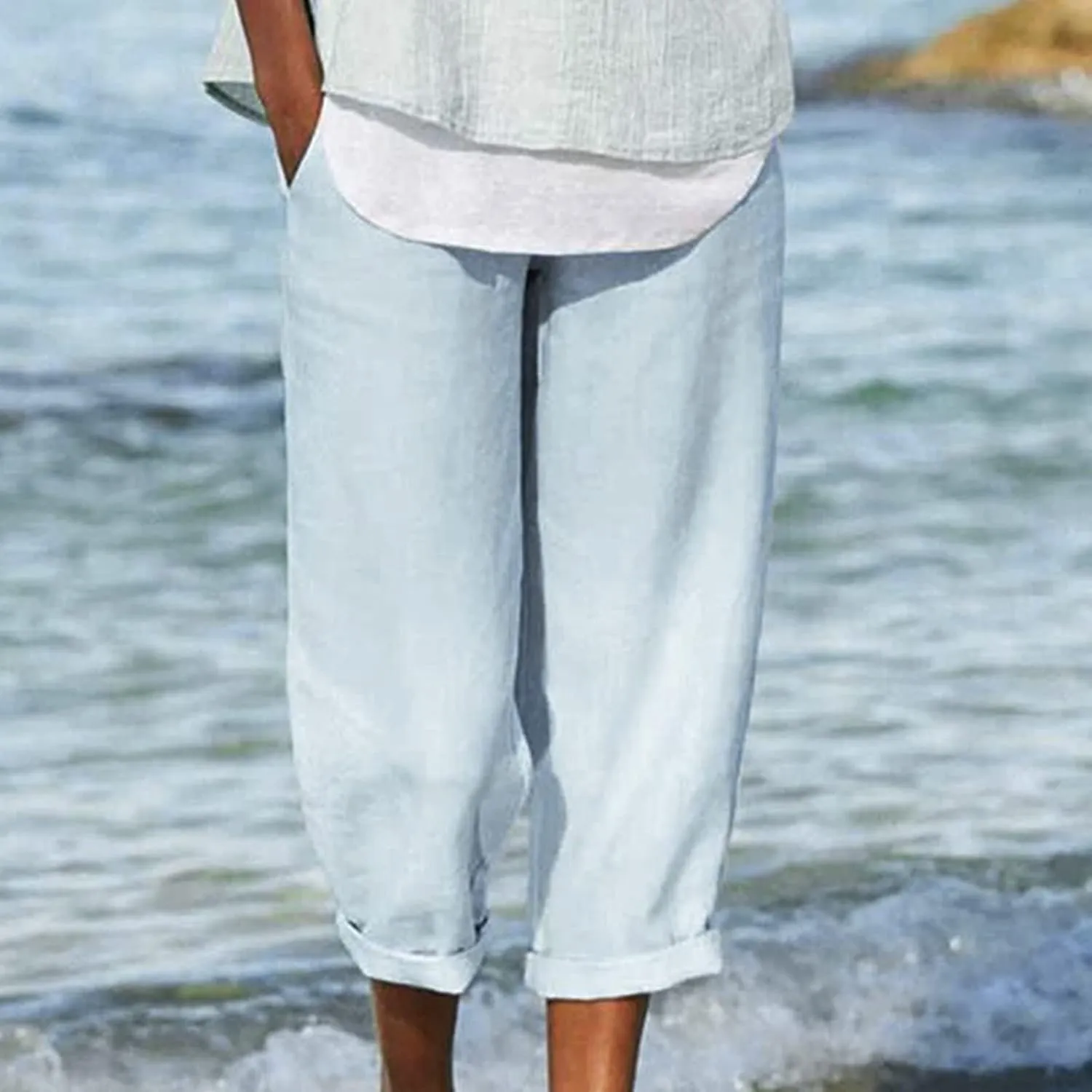DASAYO Linen Pants Linen Elastic Waist Casaul Loose Fit Trousers Ladies Beach Pants with Pockets Summer Outfits Fashion 2025