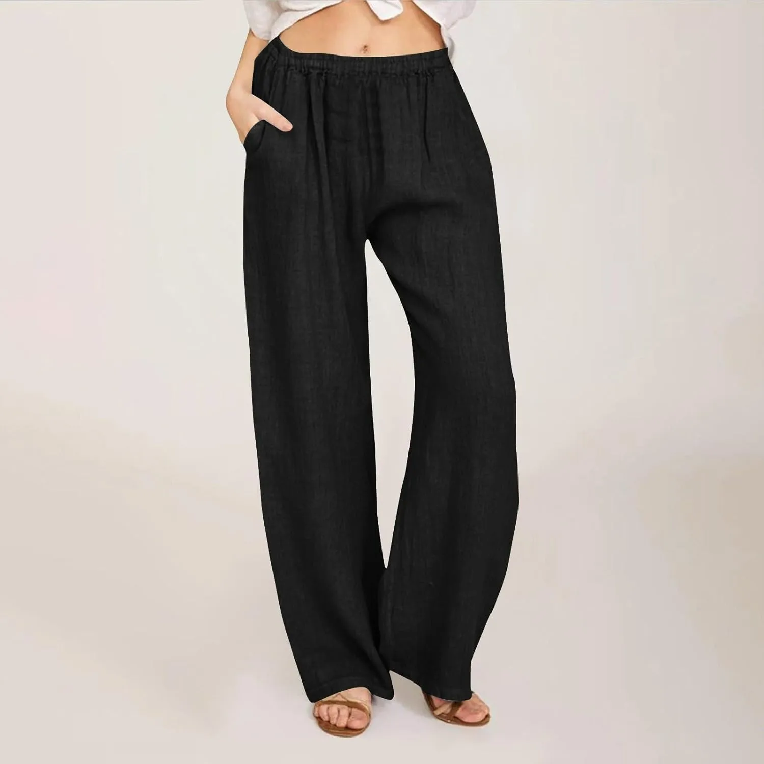 DASAYO Women's Summer Elastic Waist Cotton Linen Wide Leg Trousers Casual Loose Lounge Beach Palazzo Pants with Pockets