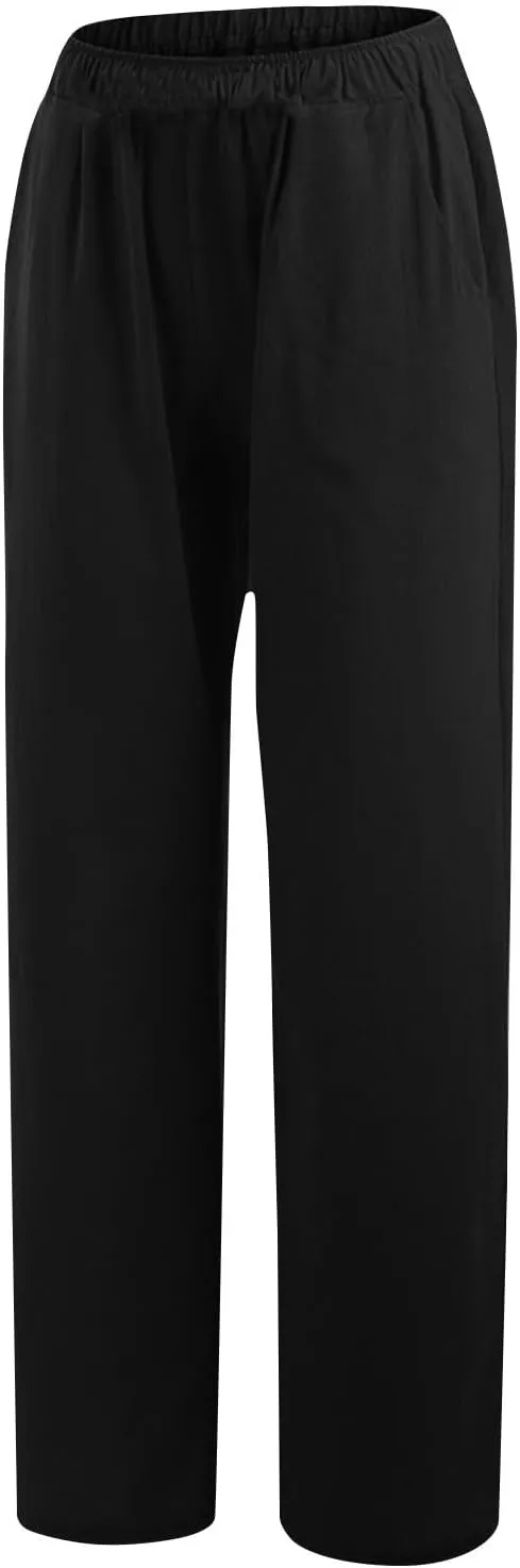 DASAYO Women's Summer Elastic Waist Cotton Linen Wide Leg Trousers Casual Loose Lounge Beach Palazzo Pants with Pockets