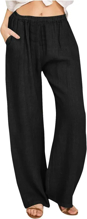 DASAYO Women's Summer Elastic Waist Cotton Linen Wide Leg Trousers Casual Loose Lounge Beach Palazzo Pants with Pockets