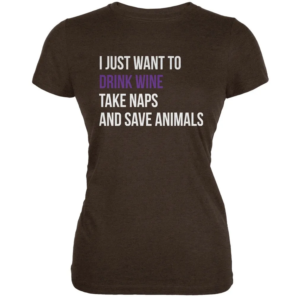 Drink Wine Take Naps and Save Animals Black Juniors Soft T-Shirt