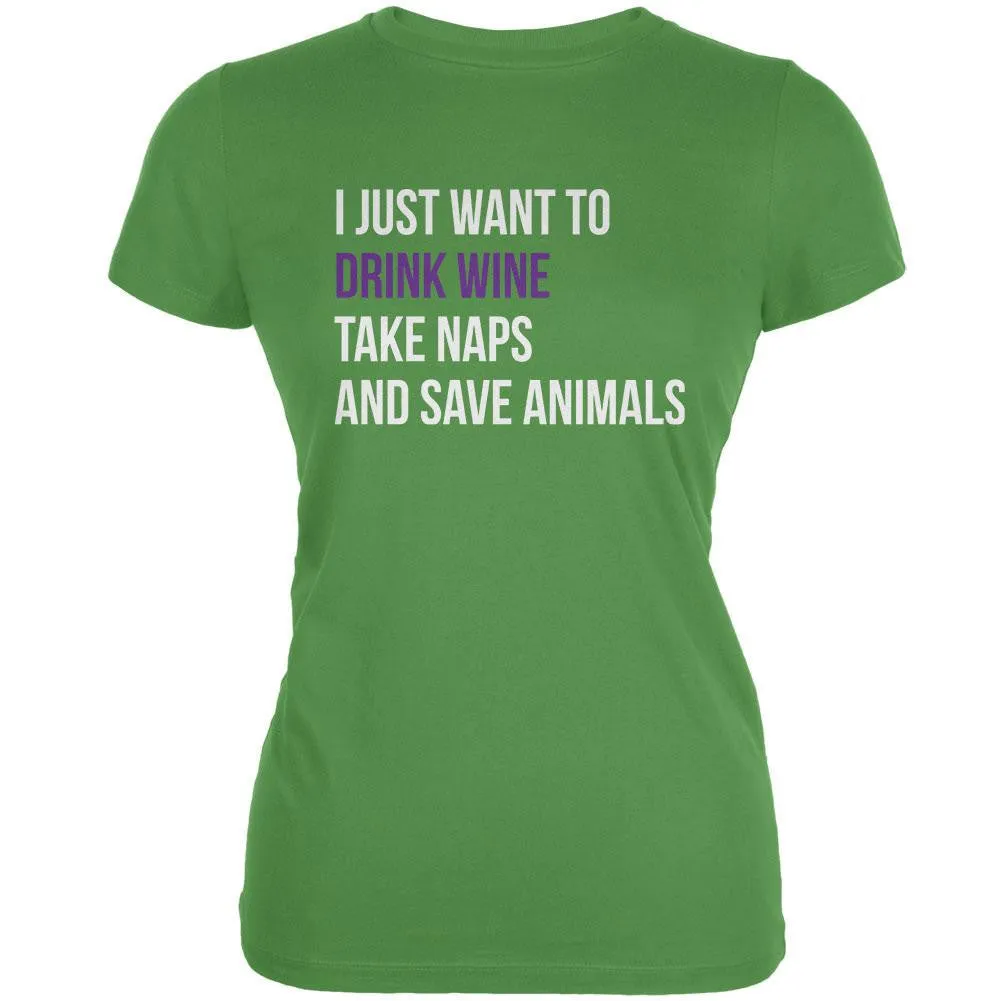 Drink Wine Take Naps and Save Animals Black Juniors Soft T-Shirt