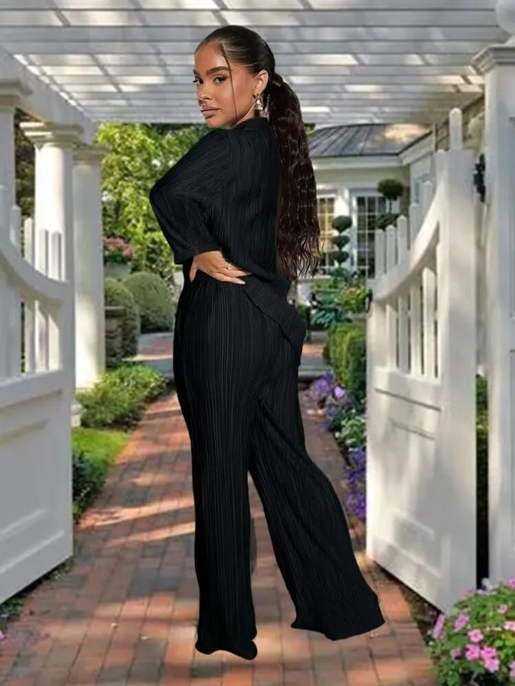 Ekaliy Women's 2 Piece Casual Pleated Outfits Short Sleeve Button Down Shirt High Waist Wide Leg Trouser Sets Suit