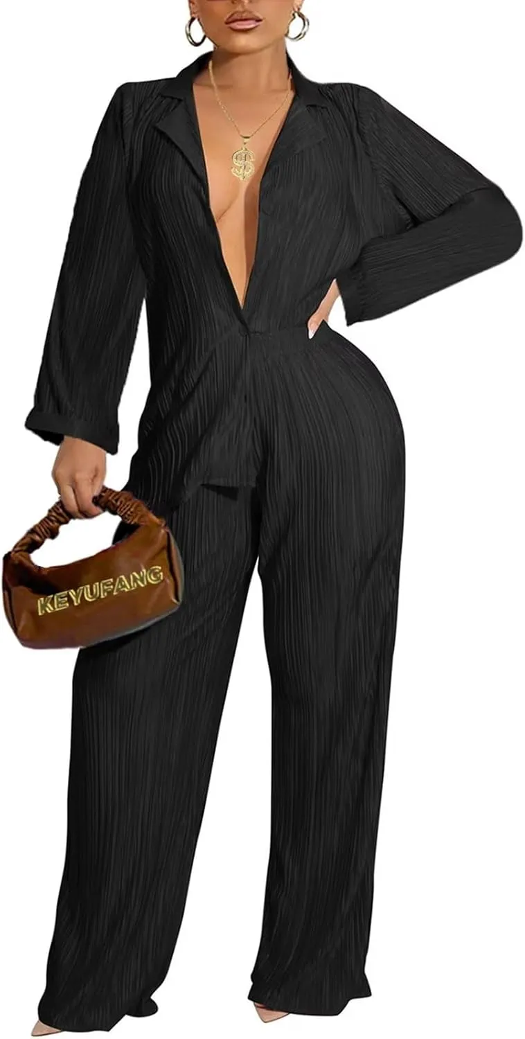 Ekaliy Women's 2 Piece Casual Pleated Outfits Short Sleeve Button Down Shirt High Waist Wide Leg Trouser Sets Suit