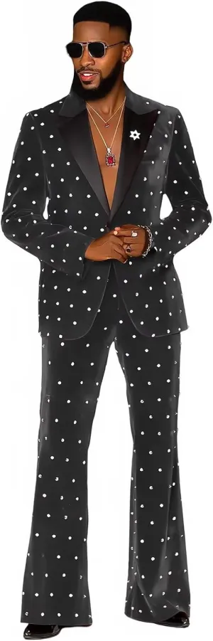 Fashion Velvet Men's Suits with Rhinestones 2 Pieces Prom Tuxedo Regular Fit Peak Lapel Blazer Pants for Dinner Wedding