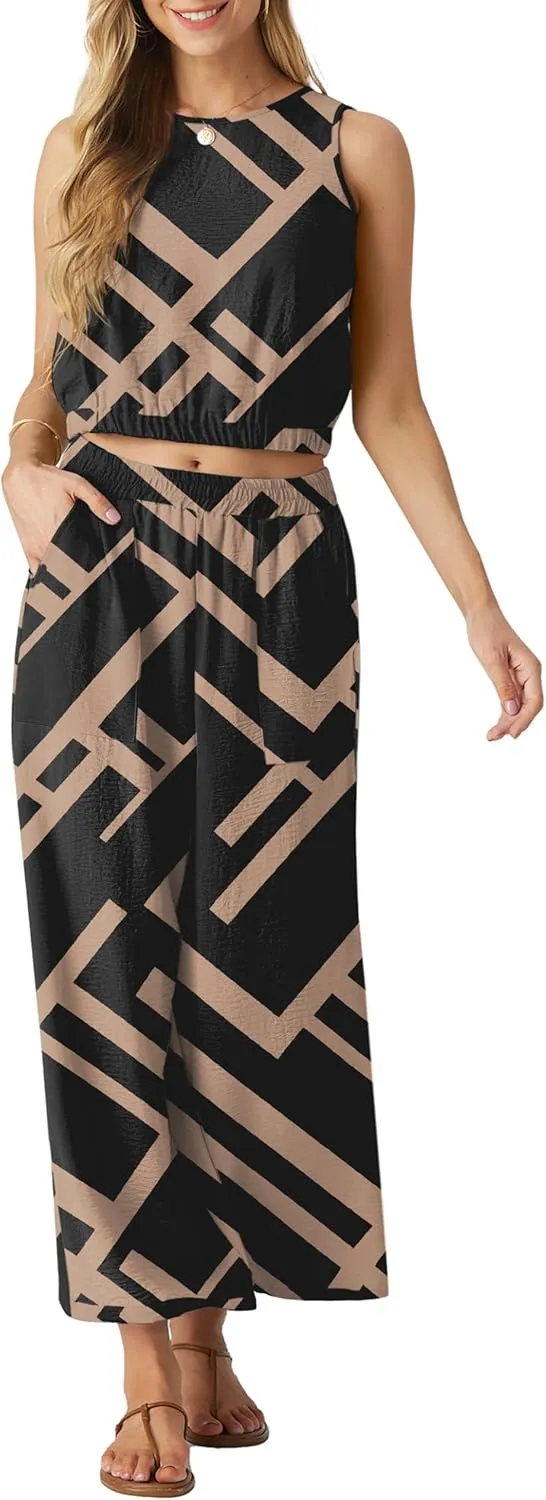 GRECERELLE Two Piece Sets for Women Sleeveless Crop Top Wide Leg Pants Sweat Set for Women Tracksuits 2025 Summer
