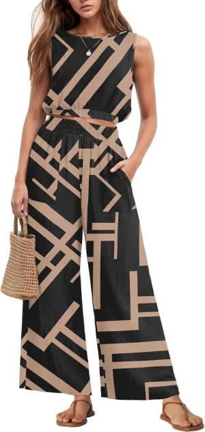 GRECERELLE Two Piece Sets for Women Sleeveless Crop Top Wide Leg Pants Sweat Set for Women Tracksuits 2025 Summer