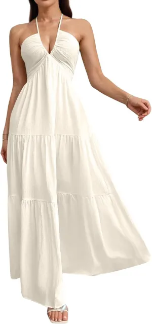 Halter Maxi Dresses for Women 2025 Elegant V Neck Spaghetti Strap Dress Casual Boho Tiered Hem a Line Corset Sundress