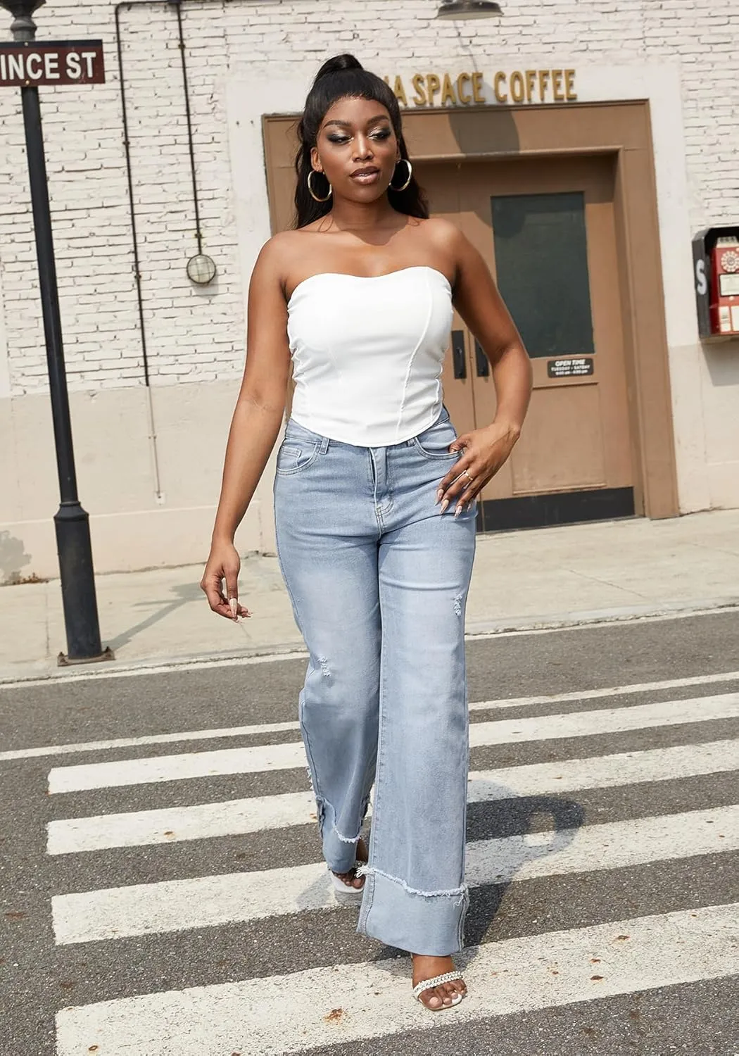 HuiSiFang Women's Ripped Cuffed Jeans High Waisted Straight Wide Leg Stretchy Denim Pants