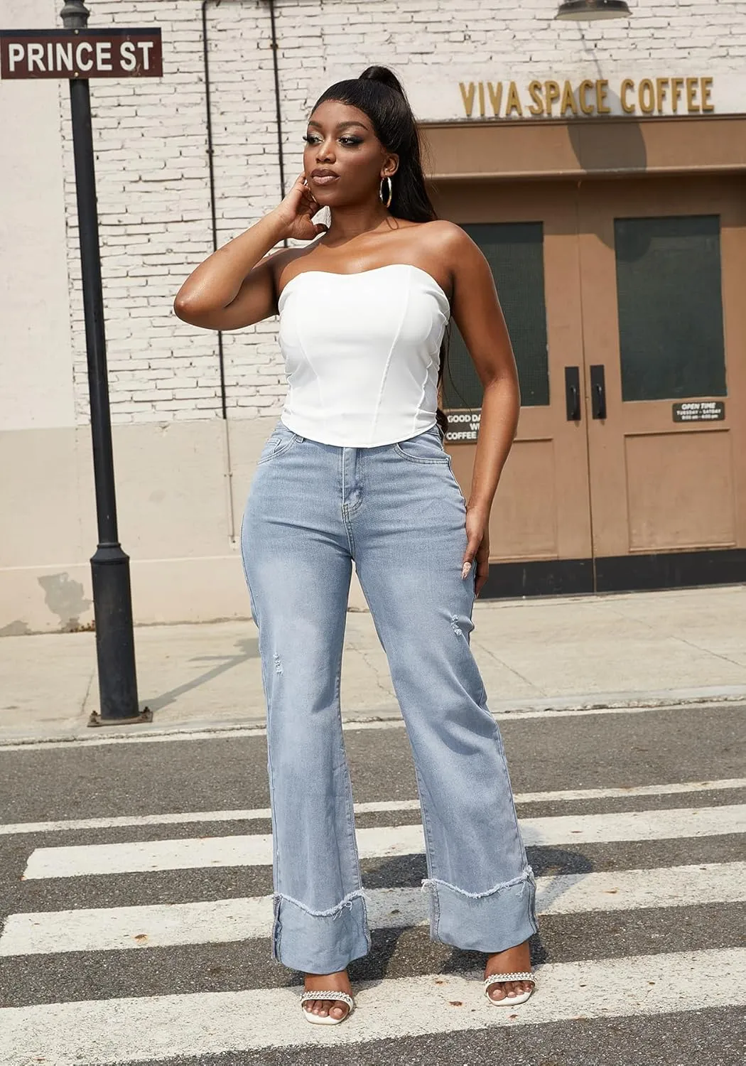 HuiSiFang Women's Ripped Cuffed Jeans High Waisted Straight Wide Leg Stretchy Denim Pants