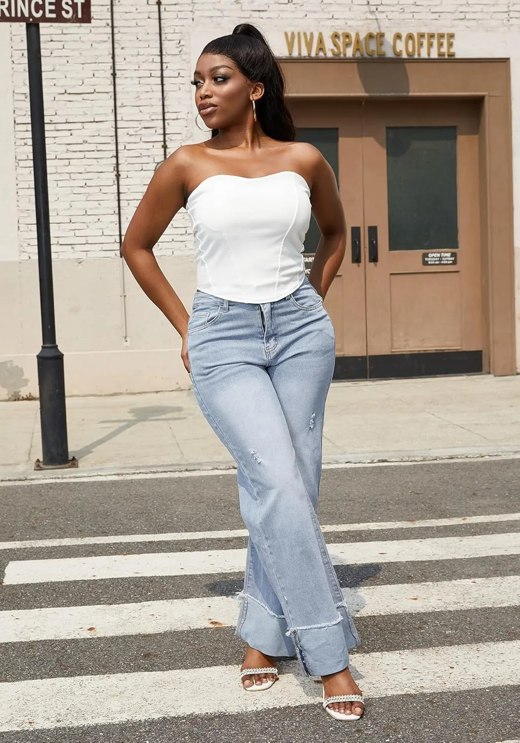 HuiSiFang Women's Ripped Cuffed Jeans High Waisted Straight Wide Leg Stretchy Denim Pants