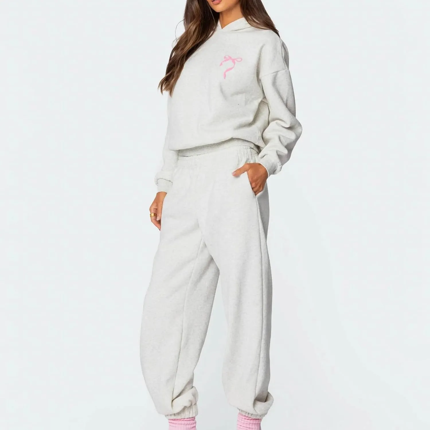 lisenraIn Women 2 Piece Tracksuit Outfits Sets Bow Print Hoodie and Sweatpants Set Casual Matching Sweat Set Loungewear