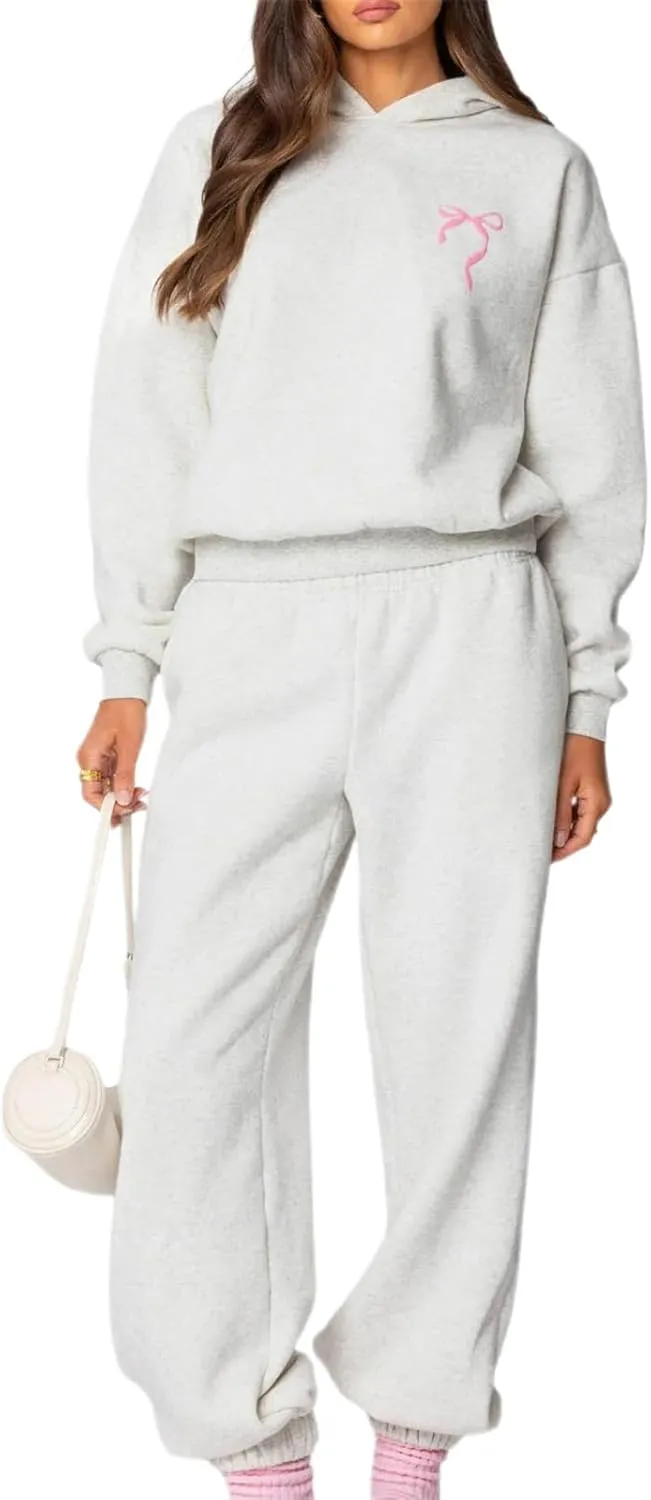 lisenraIn Women 2 Piece Tracksuit Outfits Sets Bow Print Hoodie and Sweatpants Set Casual Matching Sweat Set Loungewear