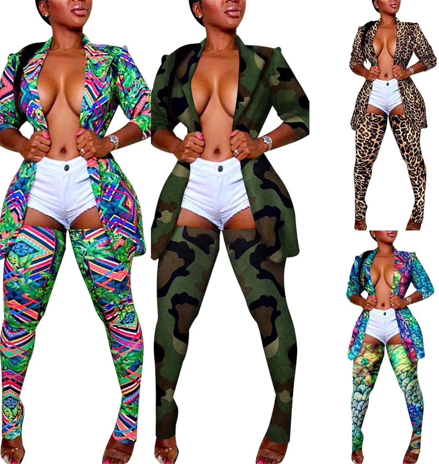 Lucuna Women's Sexy 2 Piece Club Outfits Open Front Blazer   Bodycon Pants Long Stockings Set