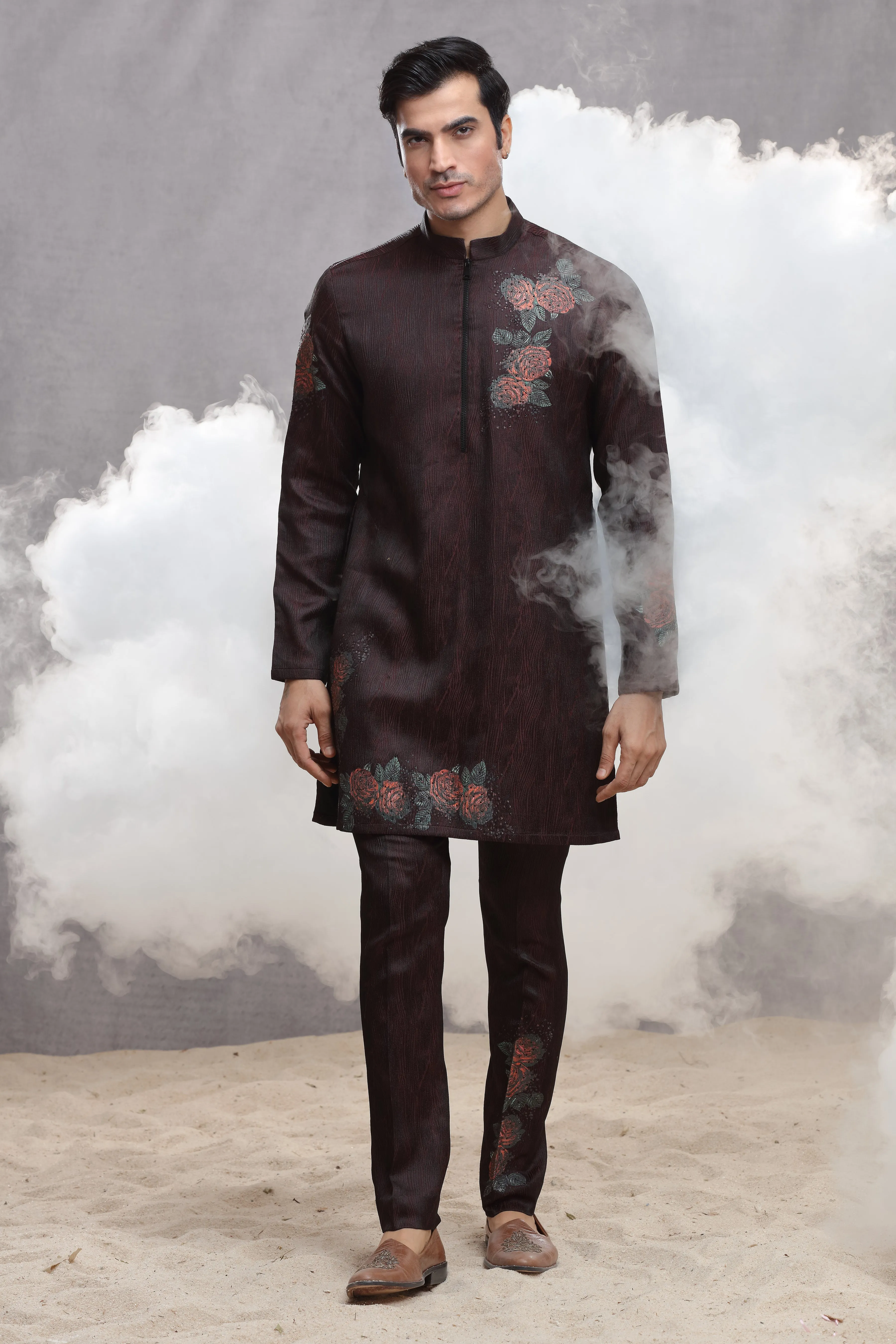 Maroon Silk Indo Western with Hand Paint & Embroidery