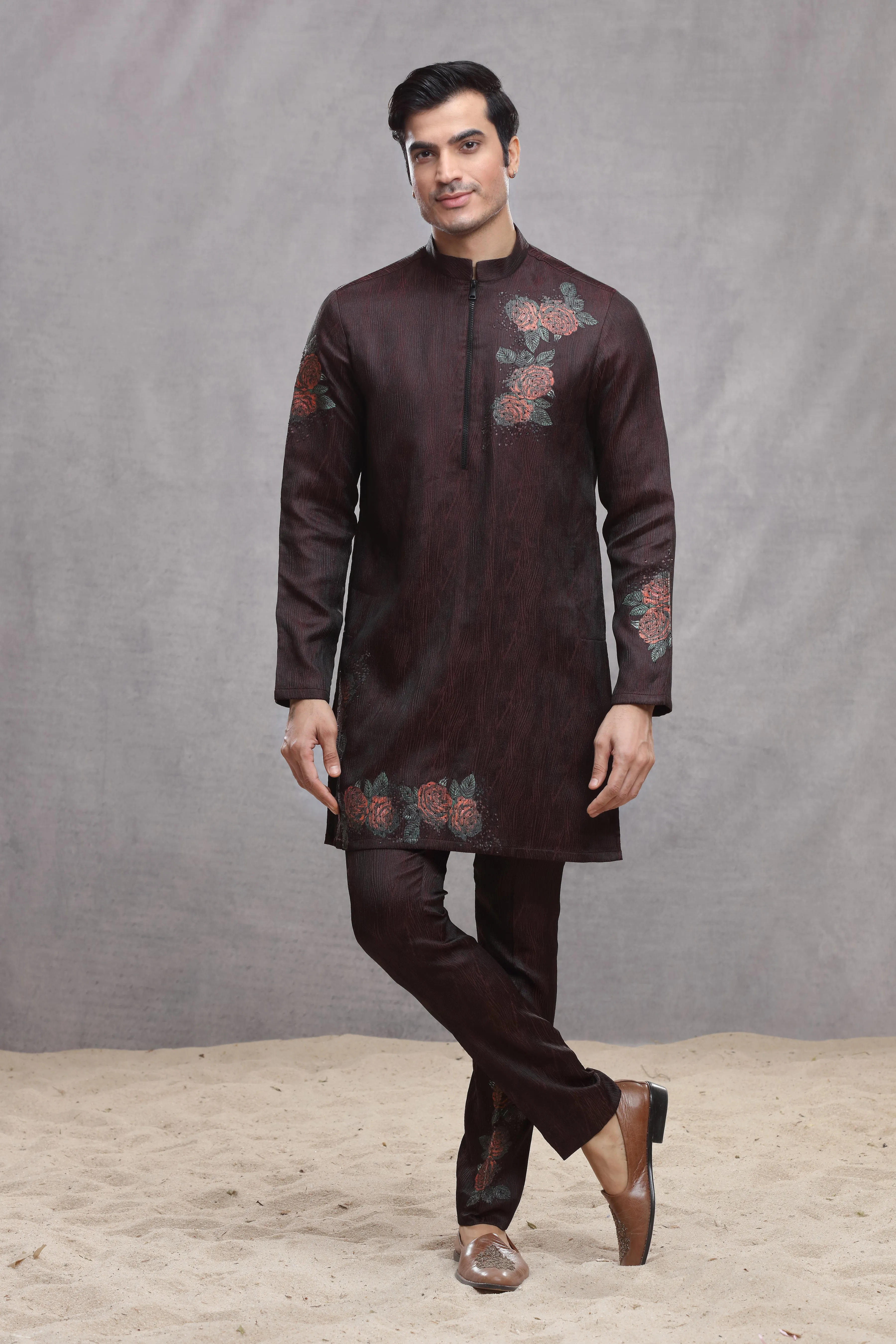 Maroon Silk Indo Western with Hand Paint & Embroidery