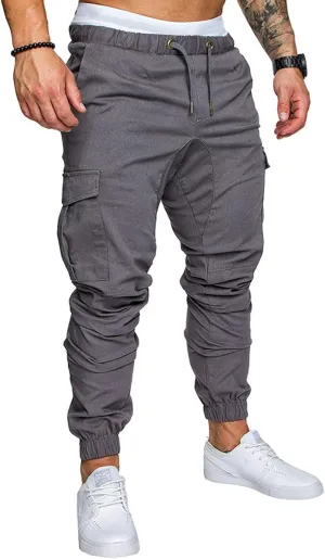 Men Cargo Chino Pants Drawstring Elastic Military Outdoor Slim Sweatpants Grey Size S