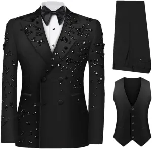 Men's Luxury Slim Fit 3 Pieces Suits, Jewel Decoraction Jacket Vest Pants Suit Set for Party Prom Wedding Groom