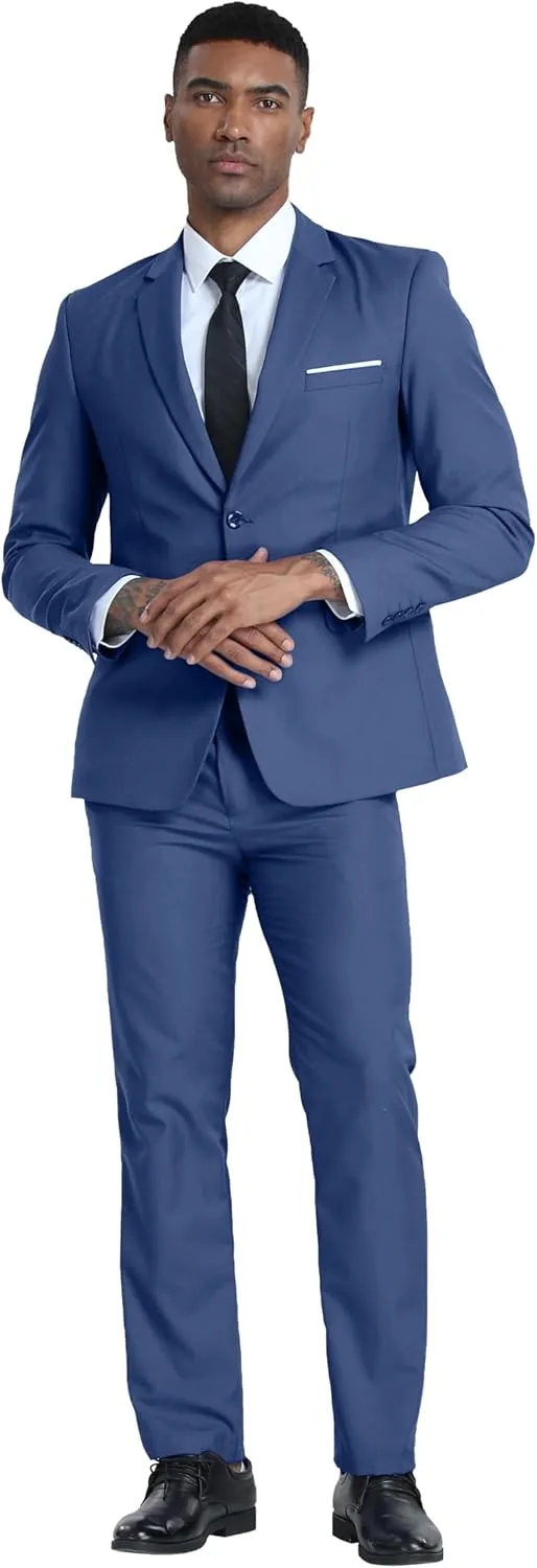 Men's Slim Fit 2 Piece Suit, Two Button Solid Suit Jacket Pants Set, Wedding Prom Suit