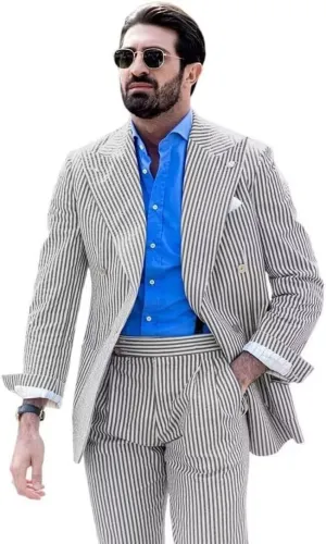 Men's Striped Seersucker Suits 2 Piece Slim Fit Wedding Tuxedo Summer Beach Leisure Suits Sets