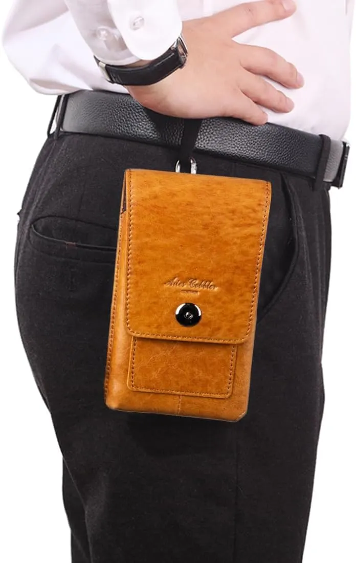 Men's Waist Belt Bag Leather Outdoor 6 inch Cellphone Pouch Business Casual Travel Silm Daypack Lightweight Coffee