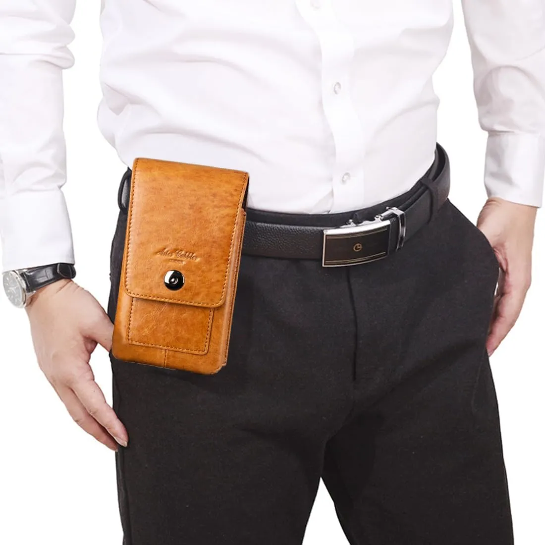 Men's Waist Belt Bag Leather Outdoor 6 inch Cellphone Pouch Business Casual Travel Silm Daypack Lightweight Coffee