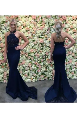 Mermaid Halter Spandex With Applique Sweep Train Prom Dresses