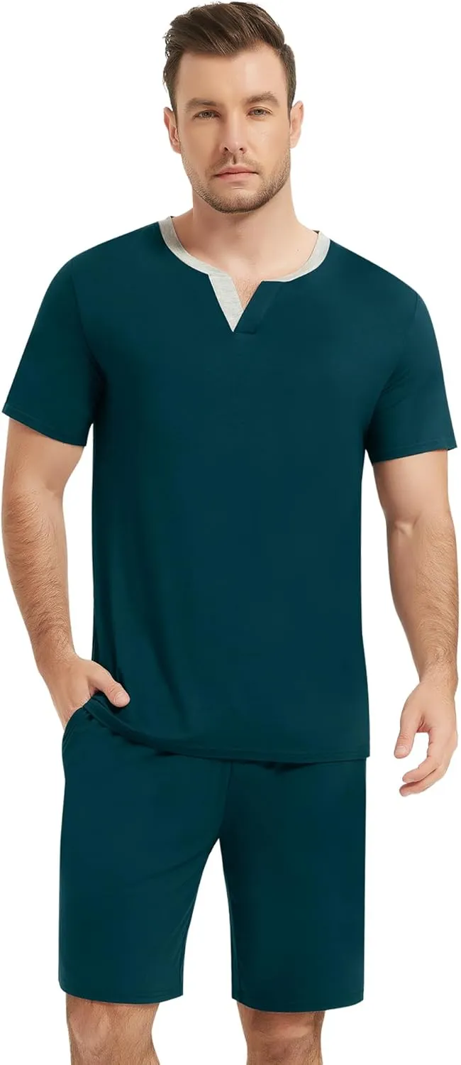 NACHILA Men's Pajamas Set-Viscose Made from Bamboo,Short Sleeve Pjs 2 Piece Pajama Cool Sleepwear with Short Pants