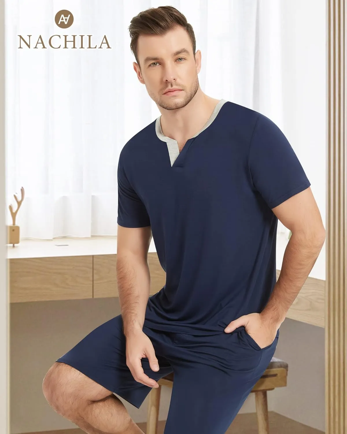 NACHILA Men's Pajamas Set-Viscose Made from Bamboo,Short Sleeve Pjs 2 Piece Pajama Cool Sleepwear with Short Pants