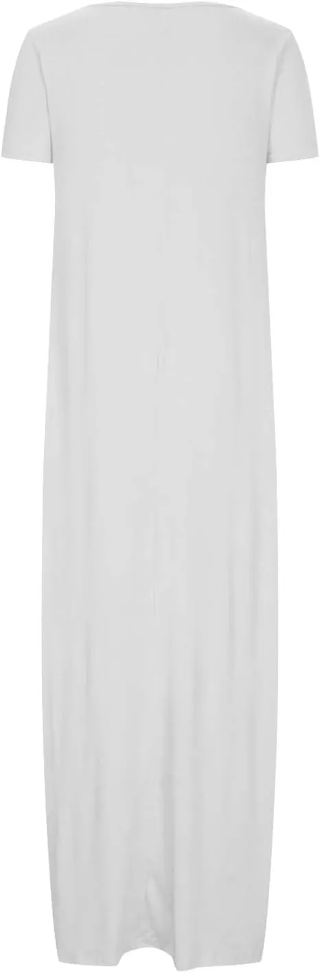 NaRHbrg Womens Summer Dress Casual Loose Plain Long Dress Round Neck Short Sleeve Maxi Dresses Crew Neck Flowy Beach Sundress