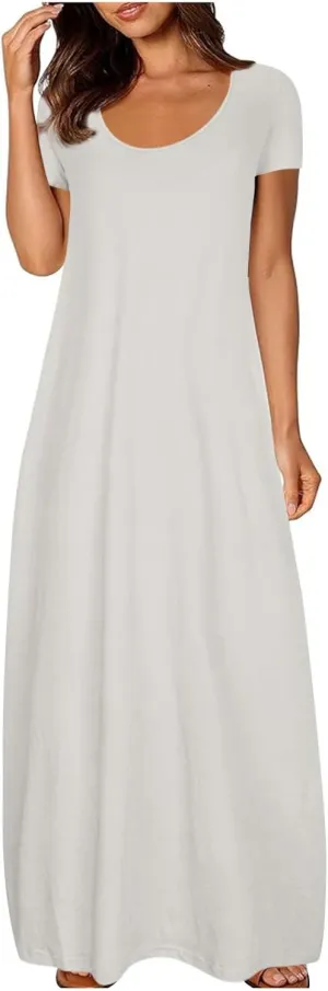 NaRHbrg Womens Summer Dress Casual Loose Plain Long Dress Round Neck Short Sleeve Maxi Dresses Crew Neck Flowy Beach Sundress