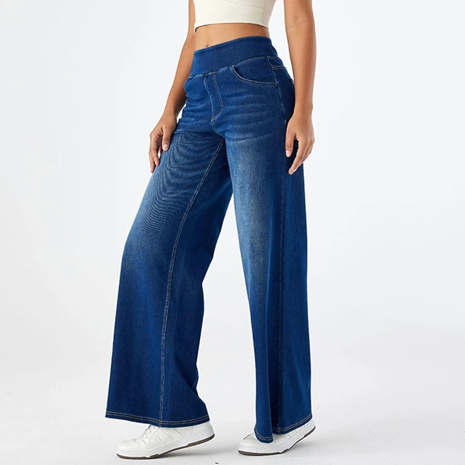 Photno Womens Elastic Waist Jeans Stretch Retro Wide Leg Loose Trousers Casual High Waisted Baggy Denim Pants with Pockets
