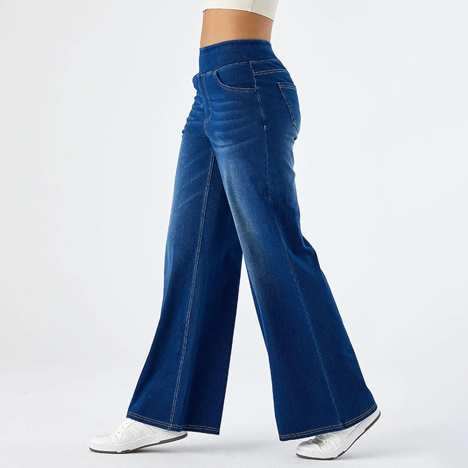 Photno Womens Elastic Waist Jeans Stretch Retro Wide Leg Loose Trousers Casual High Waisted Baggy Denim Pants with Pockets