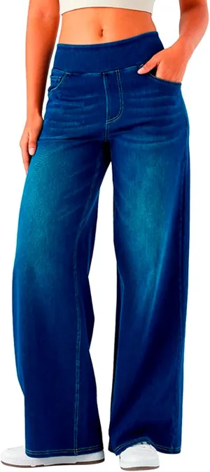 Photno Womens Elastic Waist Jeans Stretch Retro Wide Leg Loose Trousers Casual High Waisted Baggy Denim Pants with Pockets