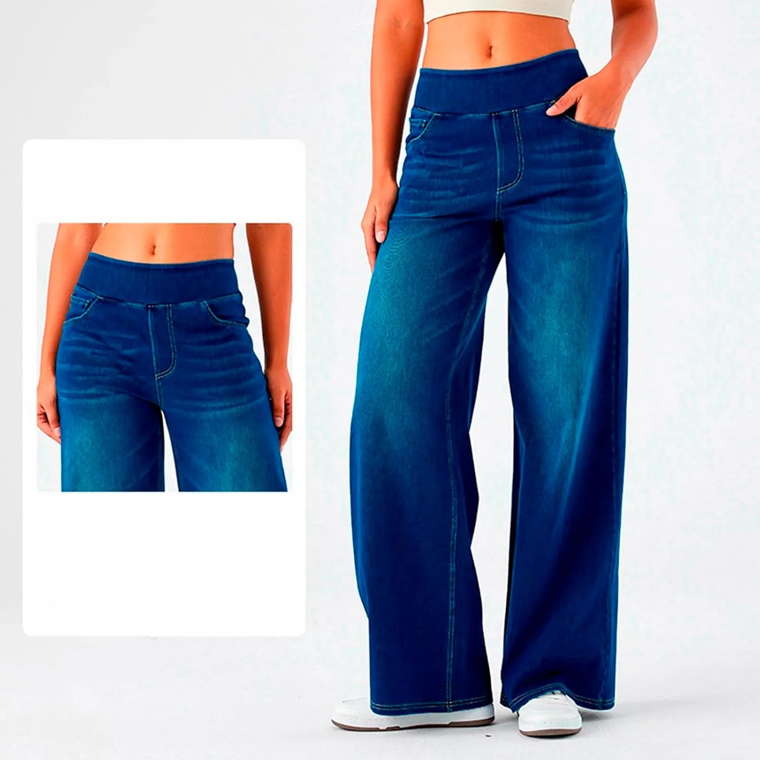 Photno Womens Elastic Waist Jeans Stretch Retro Wide Leg Loose Trousers Casual High Waisted Baggy Denim Pants with Pockets