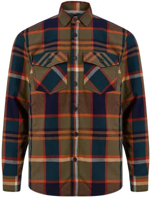 Pokhara Borg Lined Cotton Flannel Checked Overshirt Jacket in Green / Navy - Tokyo Laundry
