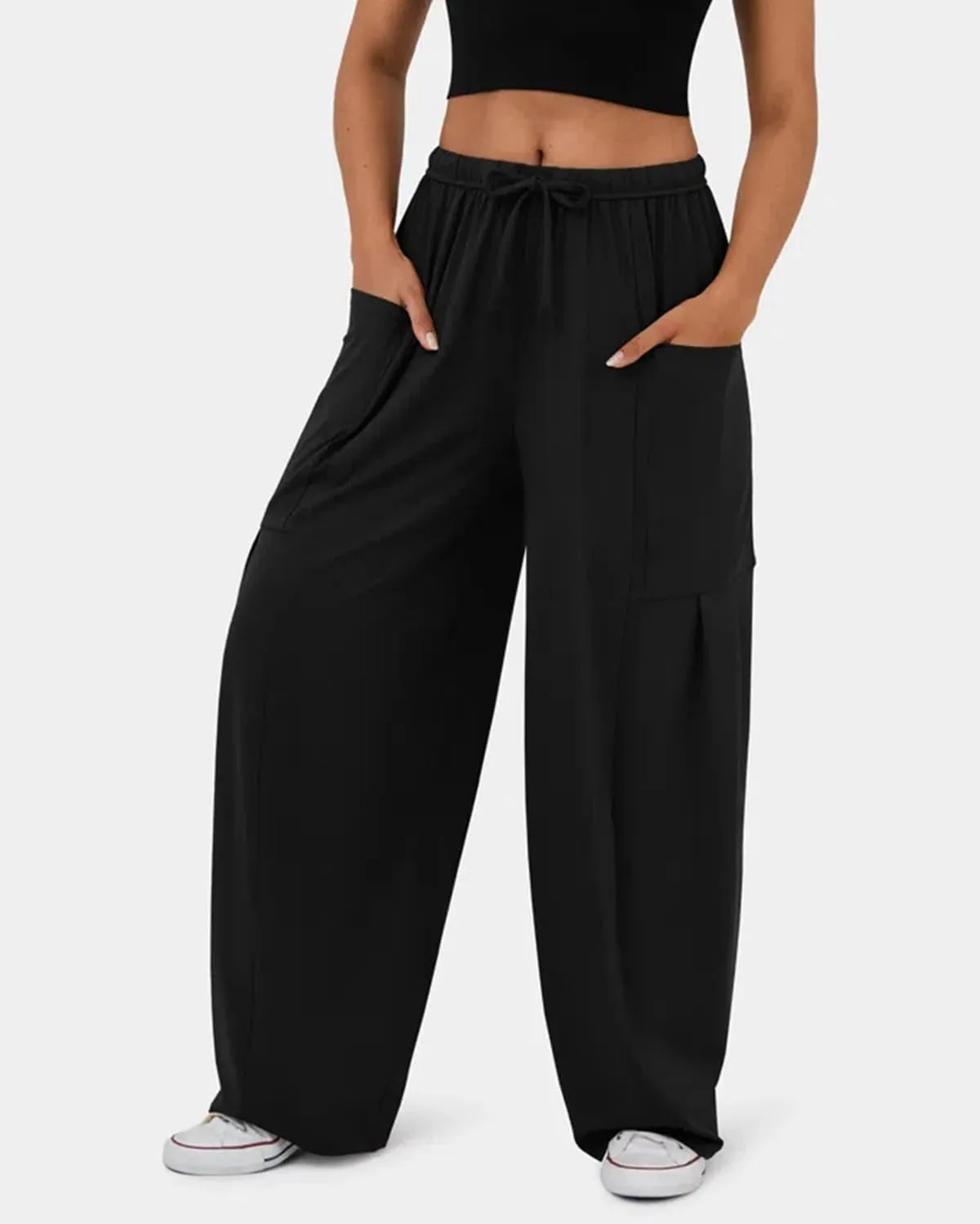 RINTONIX Womens Loose Drawstring High Waisted Wide Leg Harem Pants with Pockets Baggy Casual Summer Palazzo Sweatpants