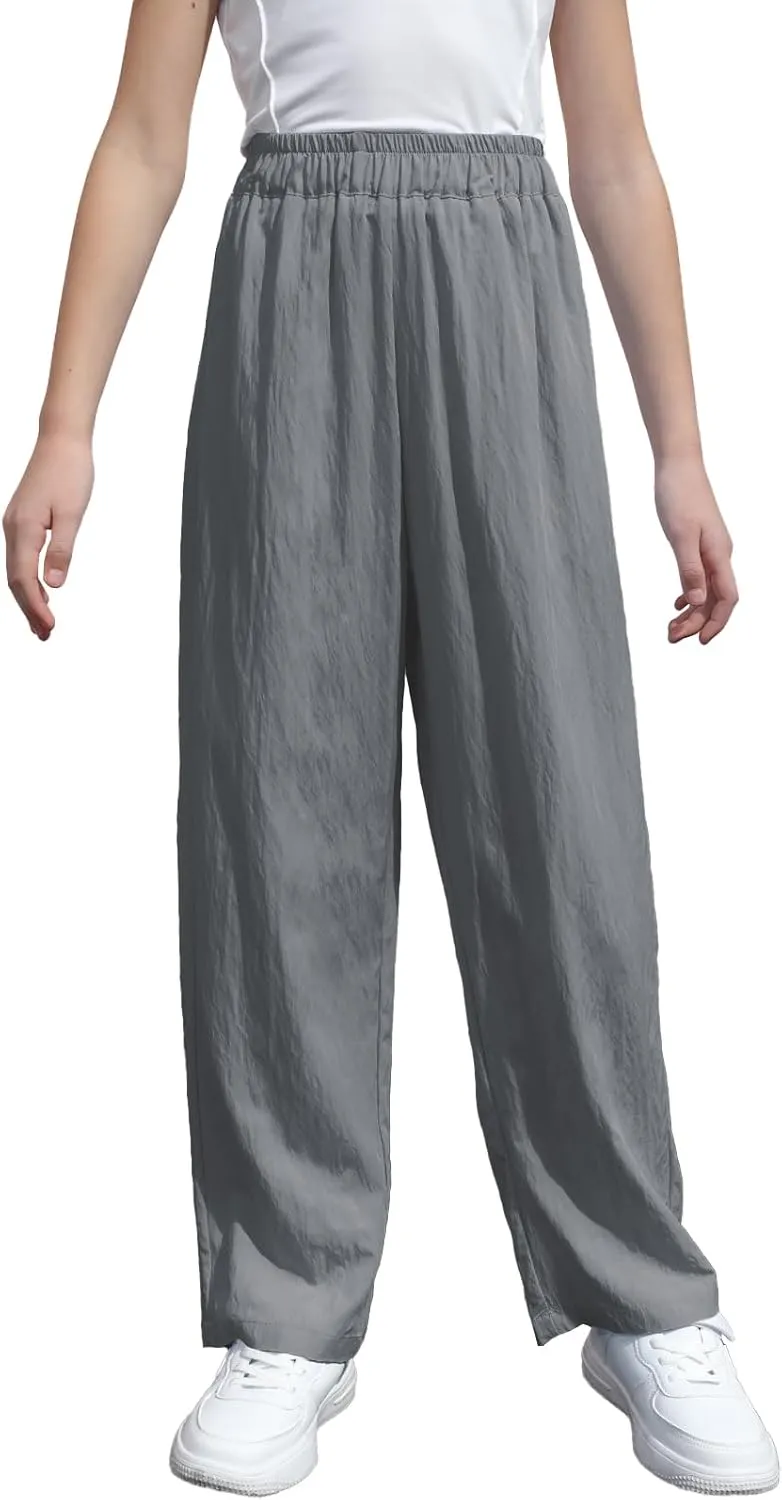 SANGTREE Girls & Woman Wide Leg Pants Lightweight Casual Elastic High Waist Straight Leg Loose Trousers,4 Years - Woman 2XL