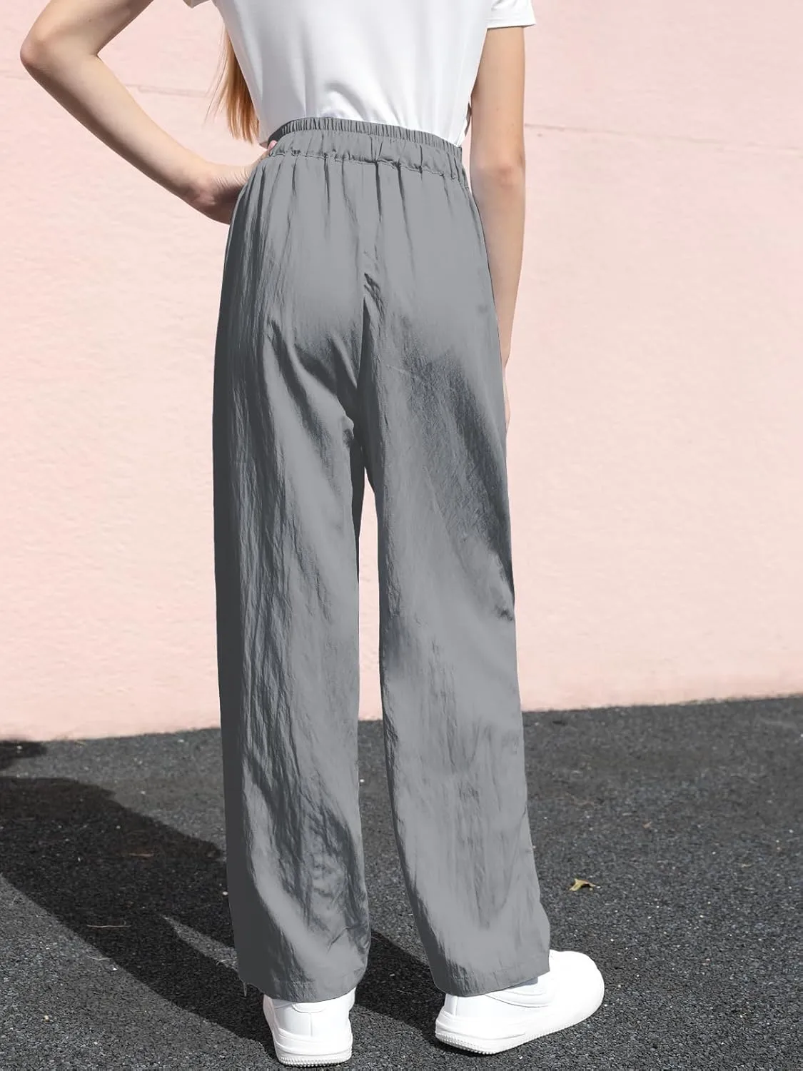 SANGTREE Girls & Woman Wide Leg Pants Lightweight Casual Elastic High Waist Straight Leg Loose Trousers,4 Years - Woman 2XL