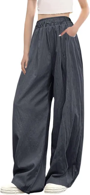 SANGTREE Girls & Woman Wide Leg Pants Lightweight Casual Elastic High Waist Straight Leg Loose Trousers,4 Years - Woman 2XL