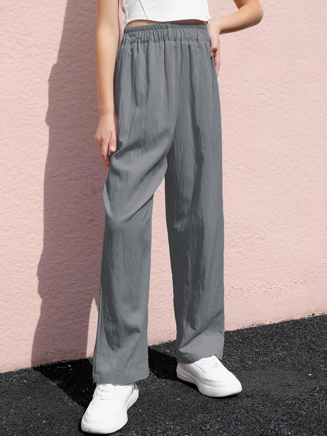 SANGTREE Girls & Woman Wide Leg Pants Lightweight Casual Elastic High Waist Straight Leg Loose Trousers,4 Years - Woman 2XL