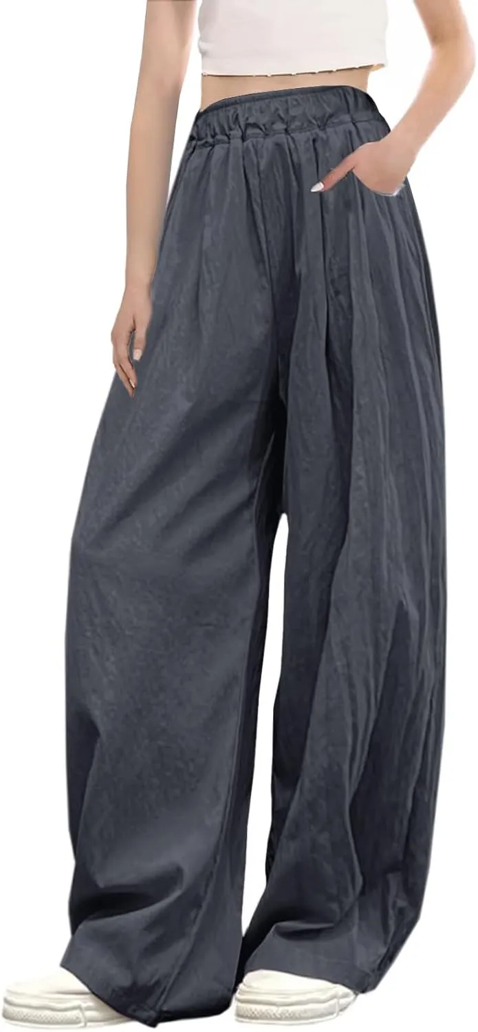 SANGTREE Girls & Woman Wide Leg Pants Lightweight Casual Elastic High Waist Straight Leg Loose Trousers,4 Years - Woman 2XL