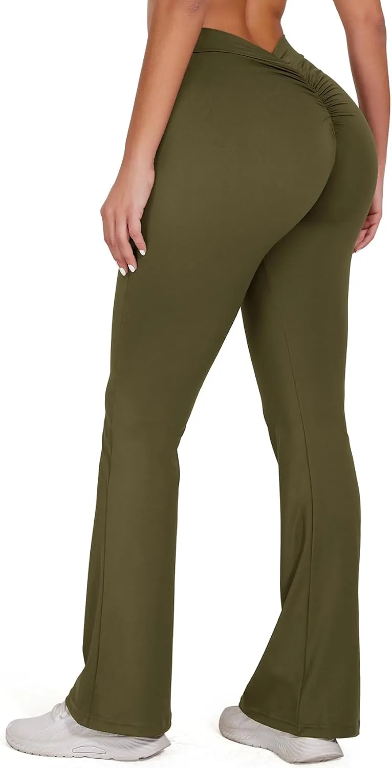 SEASUM V Back Scrunch Butt Flare Leggings for Women Waist Cut Shaped Ruched Bell Bottom Wide Leg Bootcut Yoga Pants