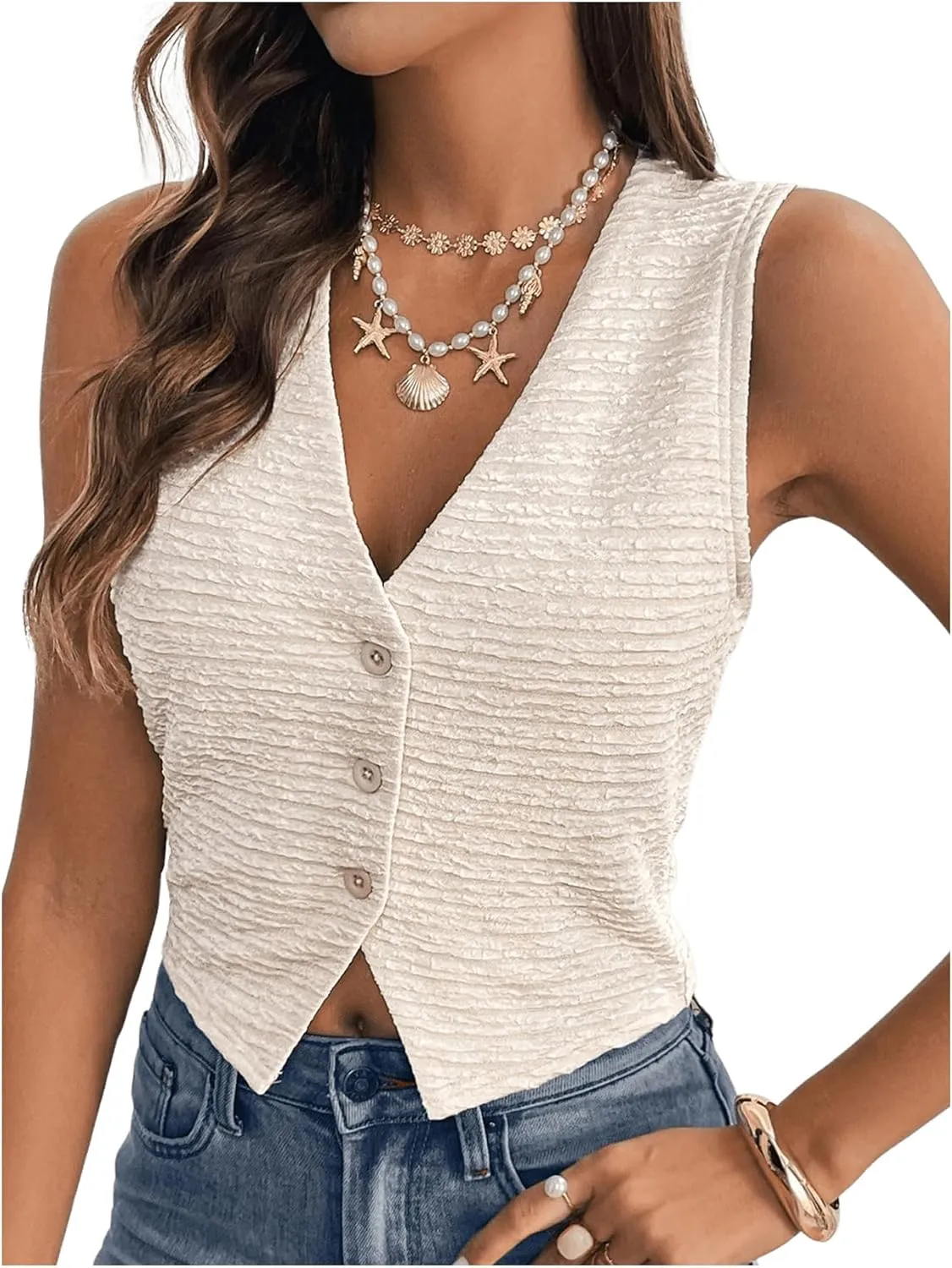 SHENHE Women's Button Down Vest Sleeveless Deep V Textured Vest Tank Slim Fit Vintage Waistcoat