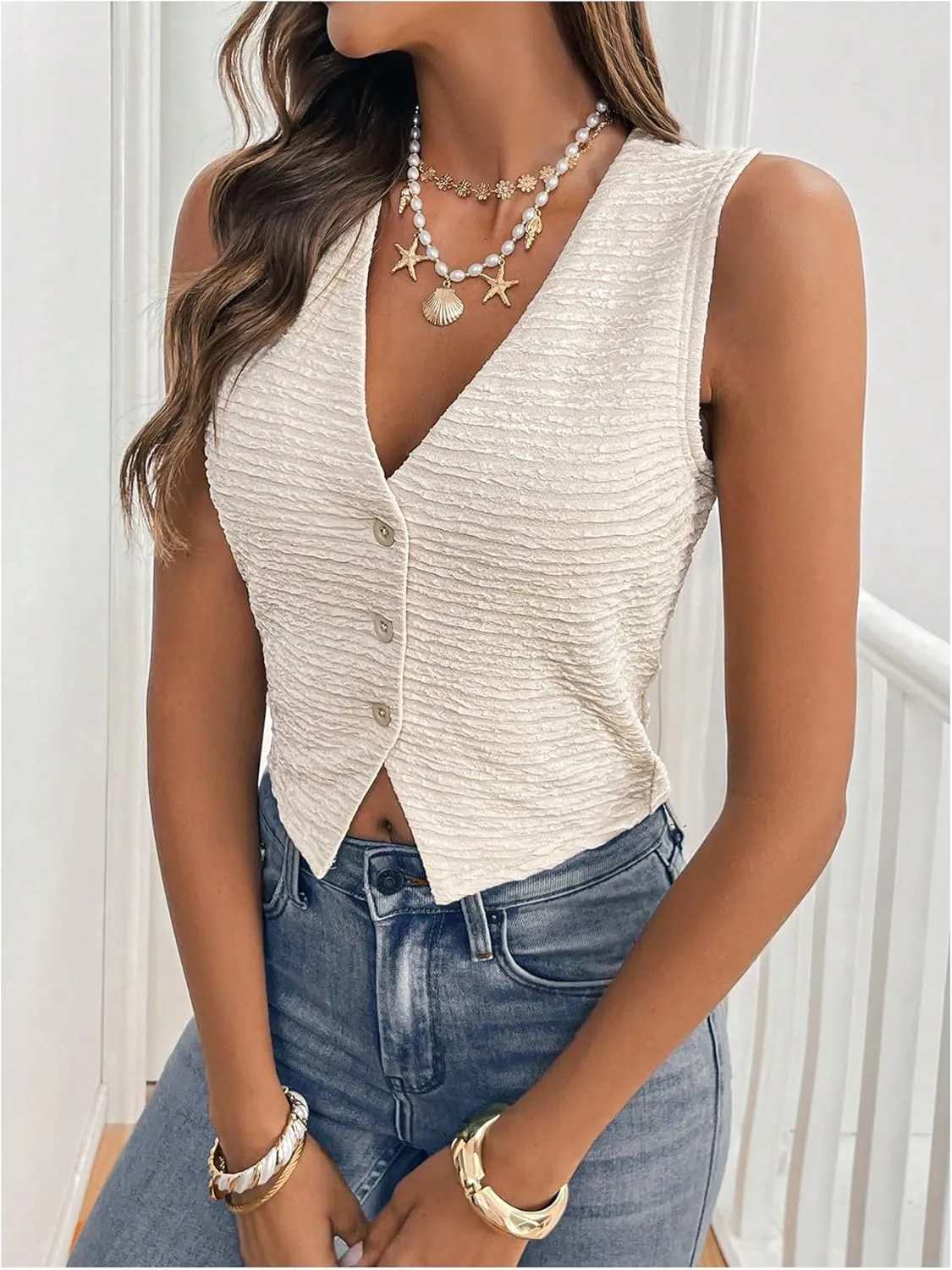 SHENHE Women's Button Down Vest Sleeveless Deep V Textured Vest Tank Slim Fit Vintage Waistcoat
