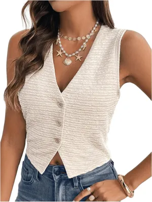 SHENHE Women's Button Down Vest Sleeveless Deep V Textured Vest Tank Slim Fit Vintage Waistcoat