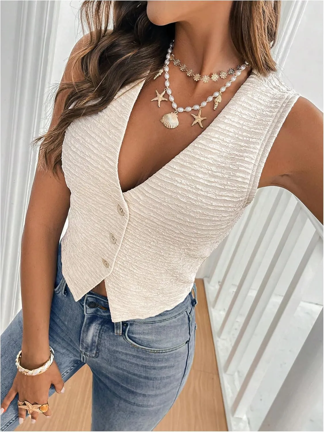 SHENHE Women's Button Down Vest Sleeveless Deep V Textured Vest Tank Slim Fit Vintage Waistcoat