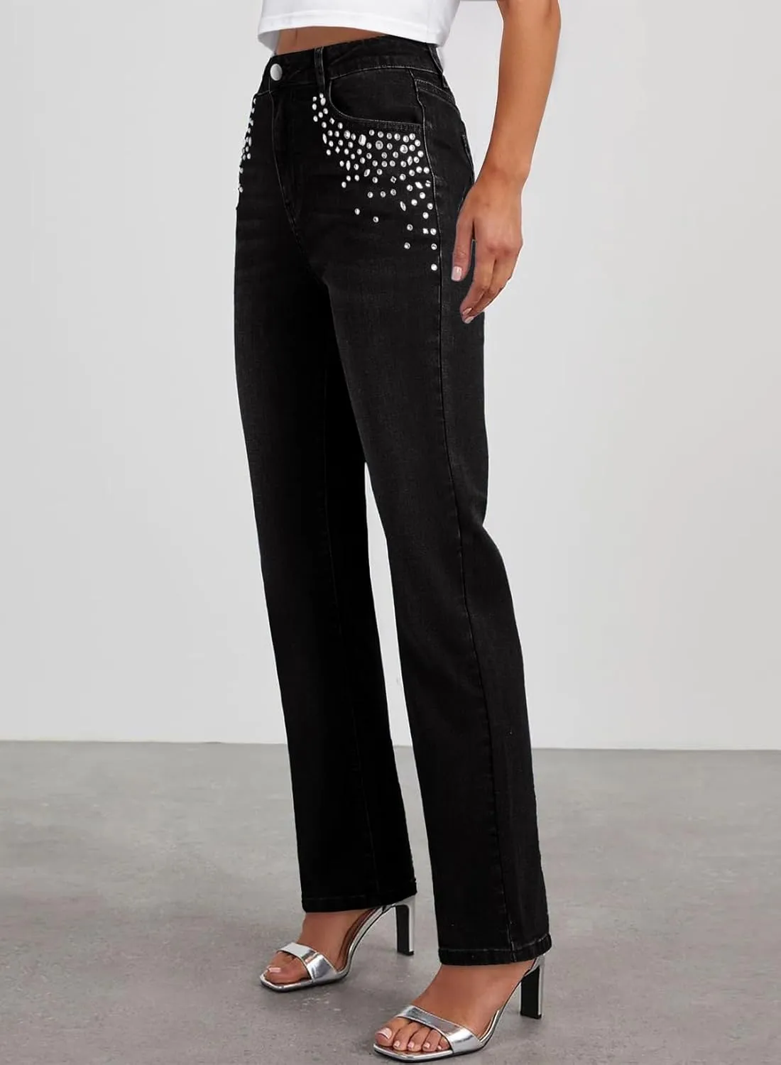Sidefeel Women's Straight Leg Jeans High Waisted Stretchy Rhinestone Wide Leg Denim Pants